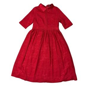 Red Lace Midi Dress Modest Fit & Flare Satin Collar Lined Elegant Party